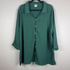 Late‎ August Womens Top 2X Kelly Green Gauzy Blouse Button Up Roll Tab Lagenlook